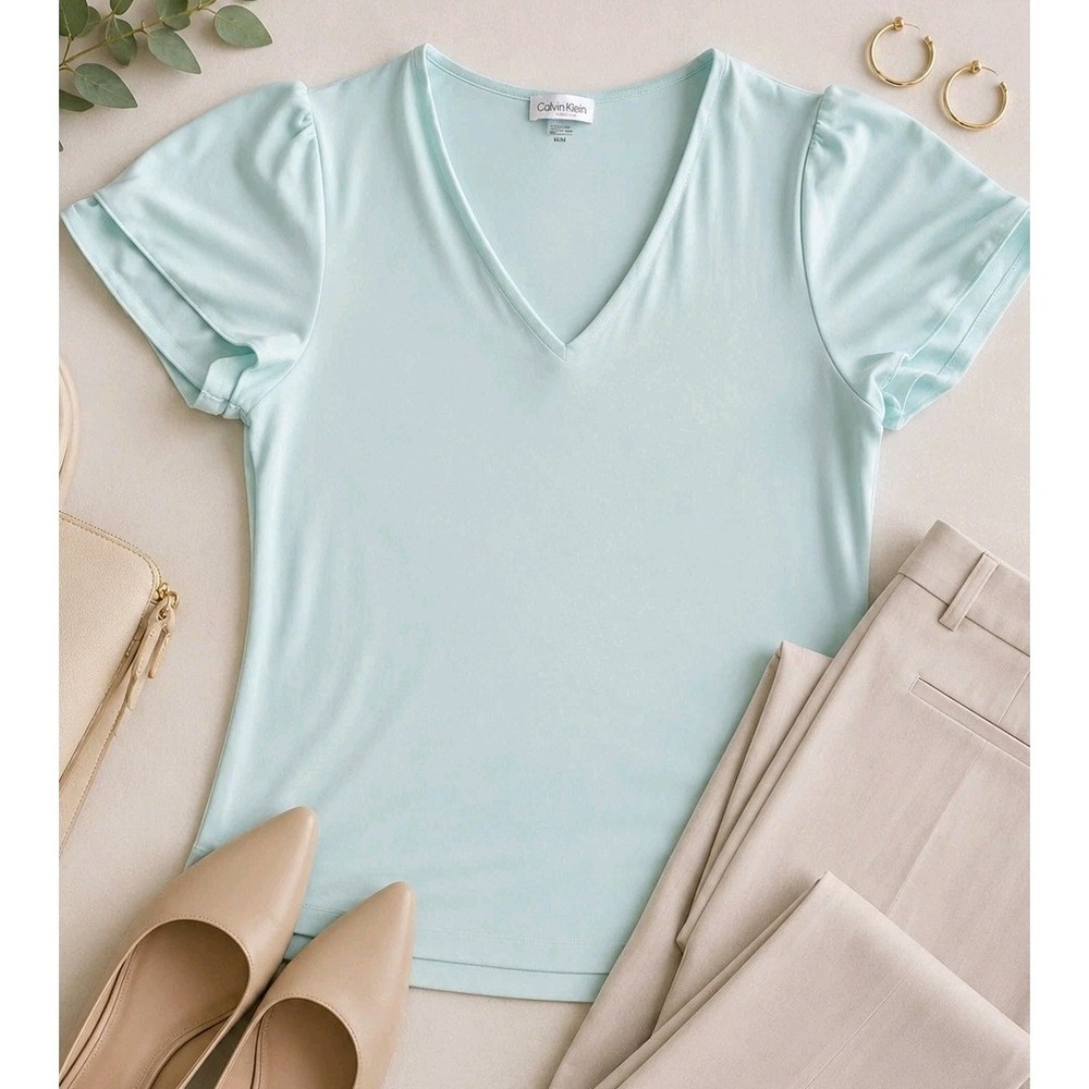 Calvin Klein Top Medium Light Blue V Neck Knit Blouse Career Office Stretch...